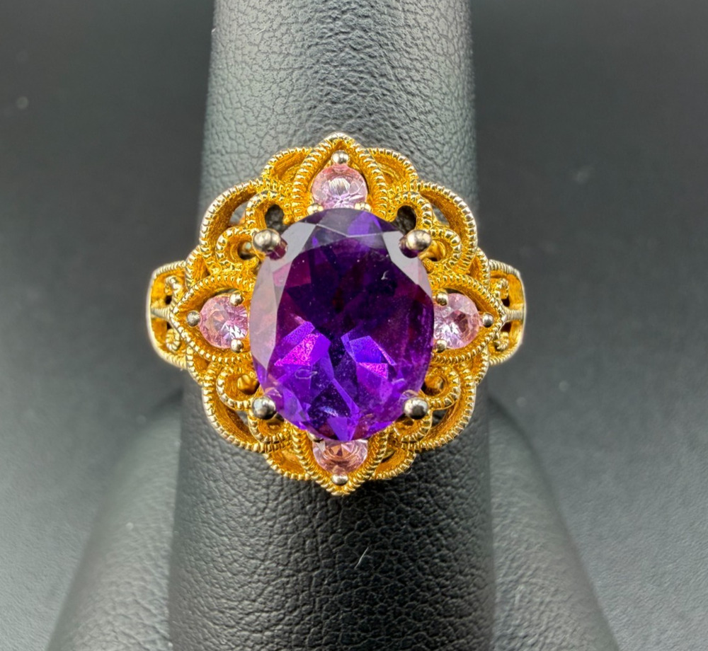 Yellow Gold over 925 Sterling Silver Purple Stone Statement Ring sz 8